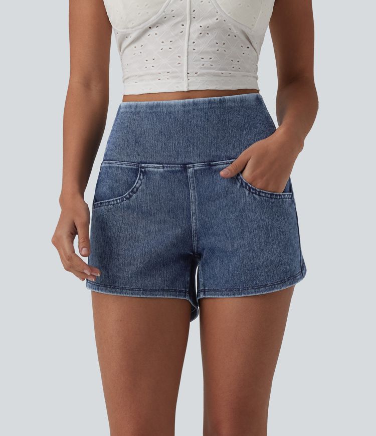 Halara Flex™ High Waisted Tummy Control Curved Hem Skinny Denim Casual Shorts with Pockets