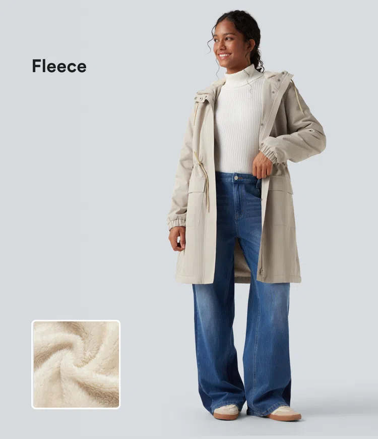 Hooded Long Sleeve Drawstring Longline Fleece Casual Parka Coat with Pockets