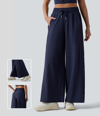 High Waisted Drawstring Wide Leg Quick Dry Running Pants with Pockets