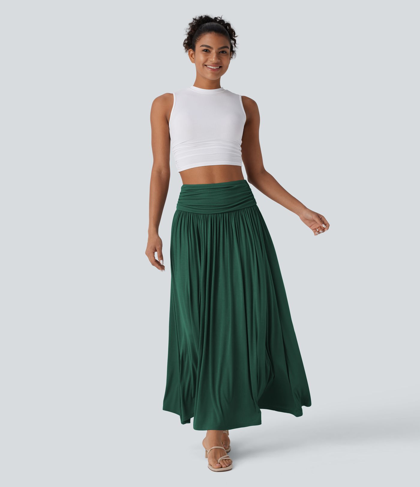 High Waisted Ruched Flowy Maxi Casual Skirt