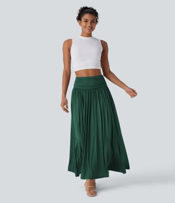 High Waisted Ruched Flowy Maxi Casual Skirt