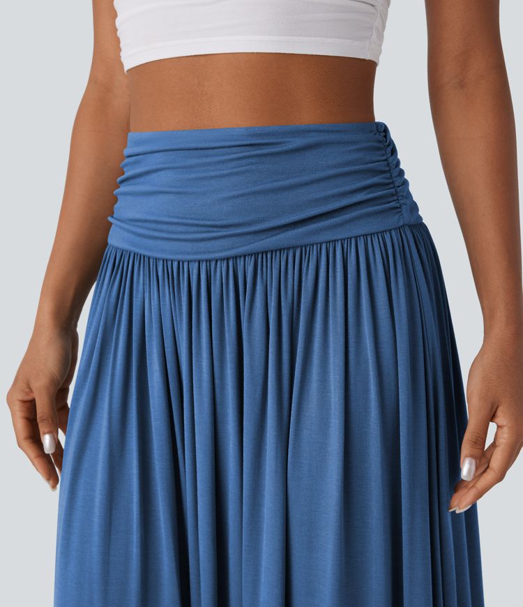 High Waisted Ruched Flowy Maxi Casual Skirt