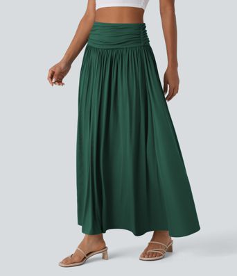 High Waisted Ruched Flowy Maxi Casual Skirt