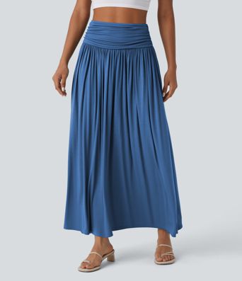 High Waisted Ruched Flowy Maxi Casual Skirt