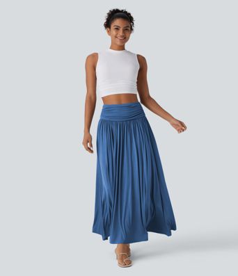High Waisted Ruched Flowy Maxi Casual Skirt