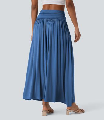 High Waisted Ruched Flowy Maxi Casual Skirt