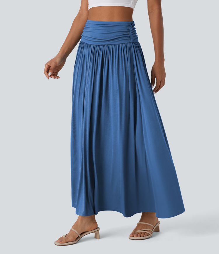 High Waisted Ruched Flowy Maxi Casual Skirt