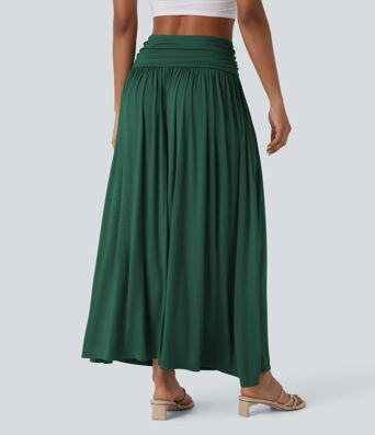 High Waisted Ruched Flowy Maxi Casual Skirt