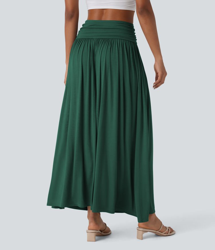 High Waisted Ruched Flowy Maxi Casual Skirt