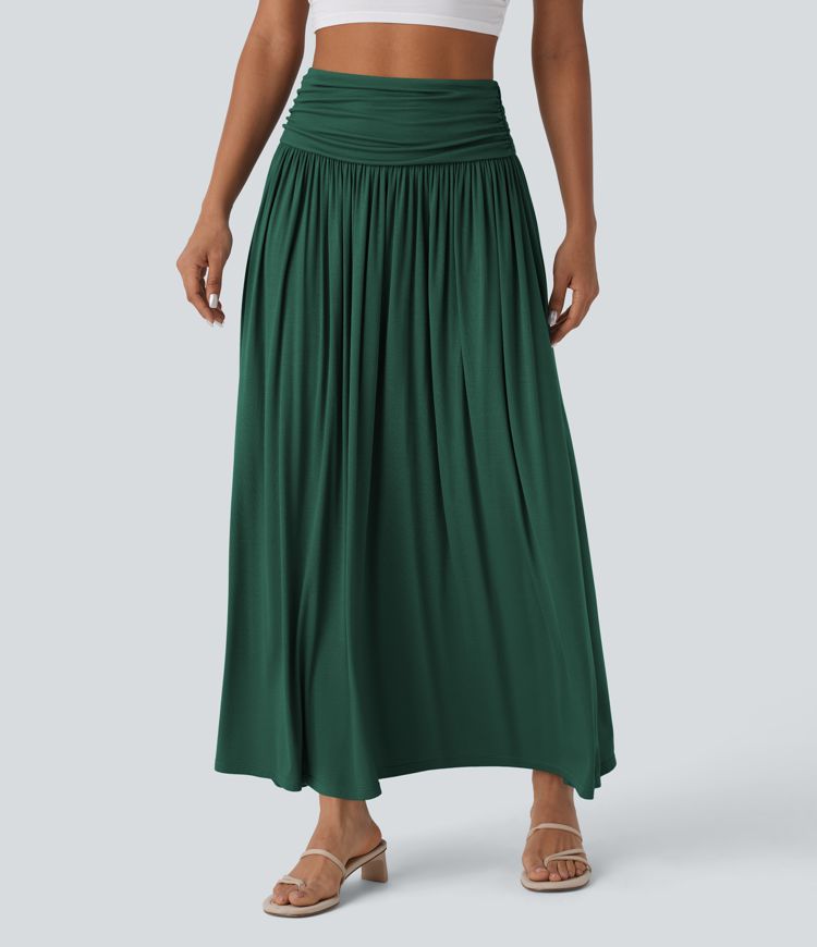 High Waisted Ruched Flowy Maxi Casual Skirt