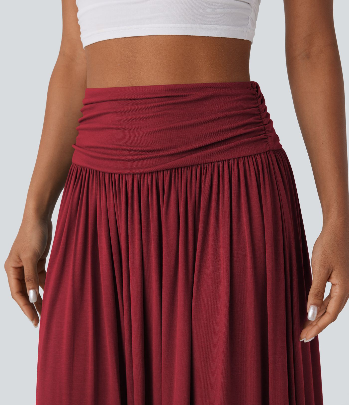 High Waisted Ruched Flowy Maxi Casual Skirt