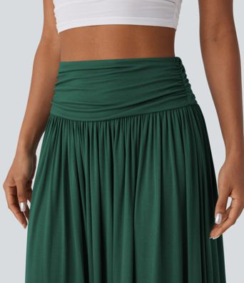 High Waisted Ruched Flowy Maxi Casual Skirt