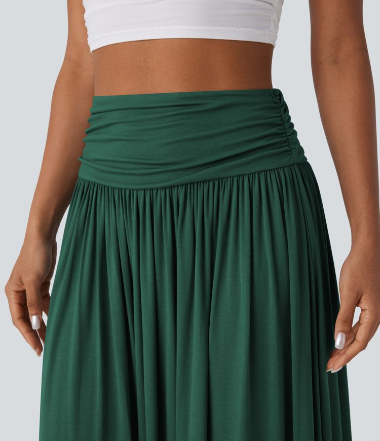 High Waisted Ruched Flowy Maxi Casual Skirt