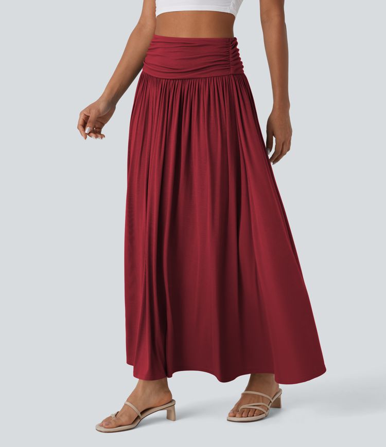 High Waisted Ruched Flowy Maxi Casual Skirt