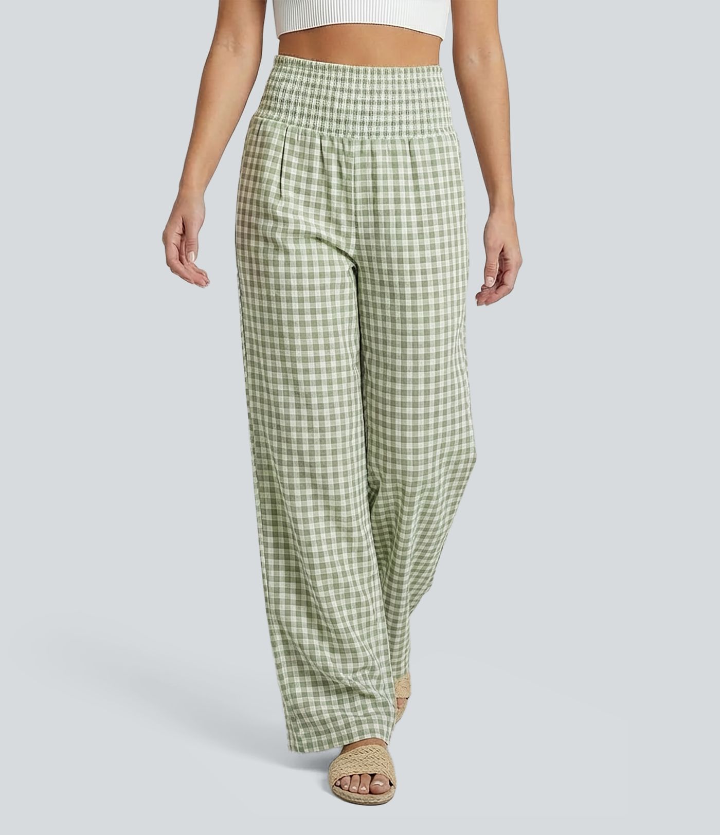 High Waisted Straight Leg Gingham Casual Pants