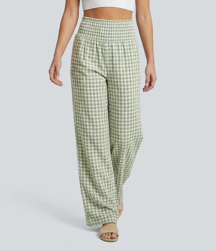 High Waisted Straight Leg Gingham Casual Pants