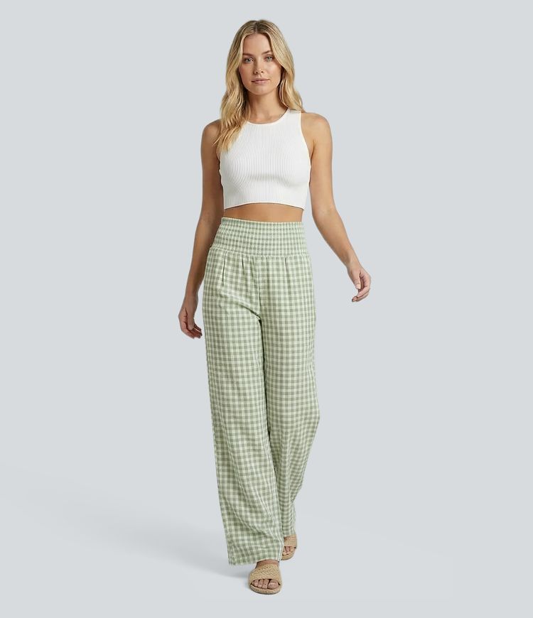 High Waisted Straight Leg Gingham Casual Pants