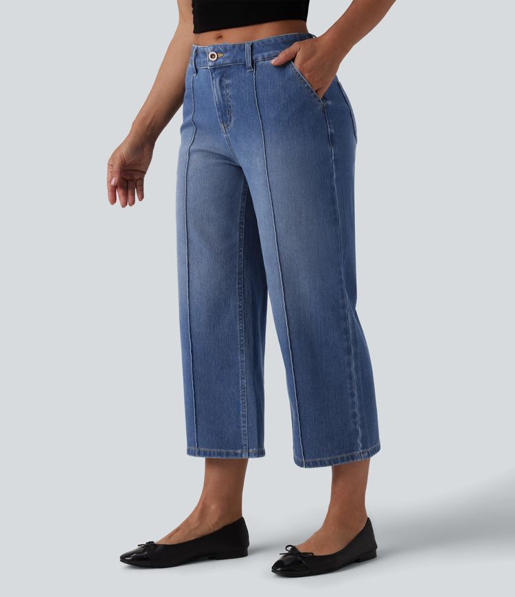 Halara Flex™ Mid Rise Straight Leg Washed Cropped Casual Jeans with Pockets