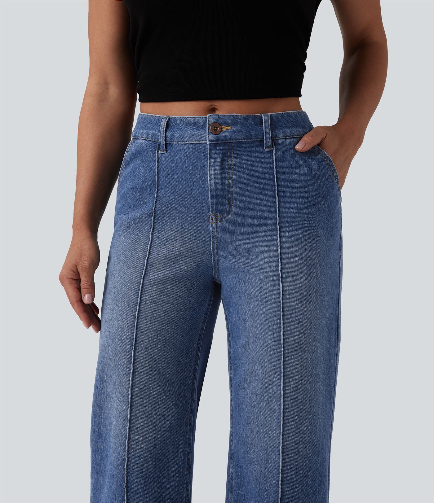 Halara Flex™ Mid Rise Straight Leg Washed Cropped Casual Jeans with Pockets