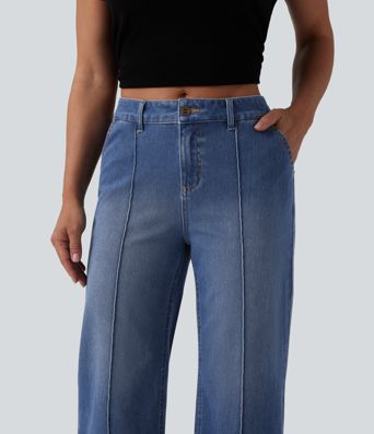 Halara Flex™ Mid Rise Straight Leg Washed Cropped Casual Jeans with Pockets