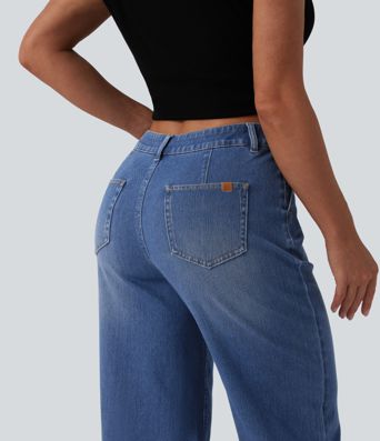 Halara Flex™ Mid Rise Straight Leg Washed Cropped Casual Jeans with Pockets