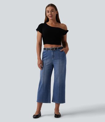 Halara Flex™ Mid Rise Straight Leg Washed Cropped Casual Jeans with Pockets