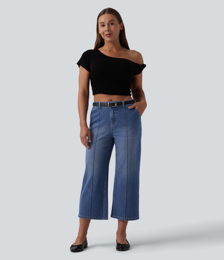 Halara Flex™ Mid Rise Straight Leg Washed Cropped Casual Jeans with Pockets