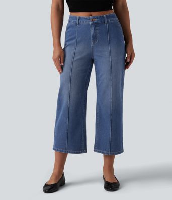 Halara Flex™ Mid Rise Straight Leg Washed Cropped Casual Jeans with Pockets
