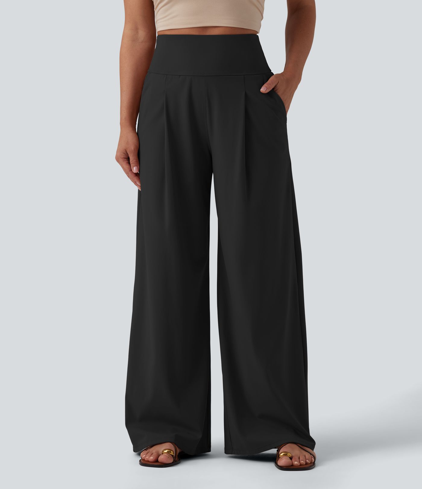 SoftlyZero™ Airy High Waisted Tummy Control Wide Leg Cool Touch Casual Trousers with Pockets-UPF50+
