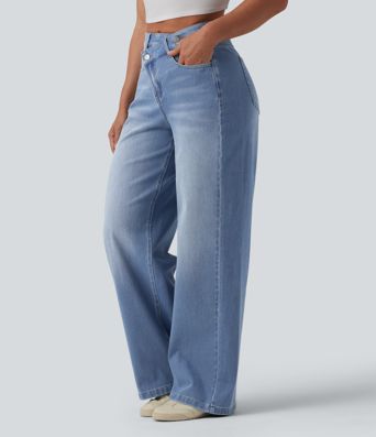 Jean baggy asymétrique Halara Flex™ taille haute effet délavé avec poches