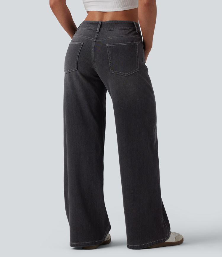 Halara Flex™ Low Rise Zipper Pockets Washed Baggy Wide Leg Women Casual Denim Jeans