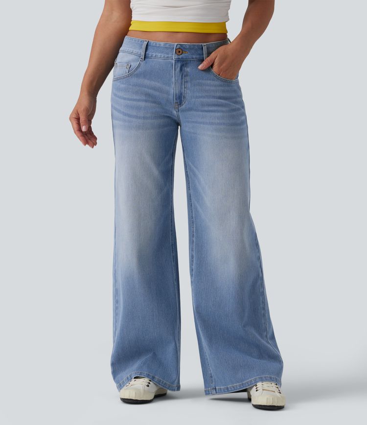 Halara Flex™ Low Rise Zipper Pockets Washed Baggy Wide Leg Women Casual Denim Jeans