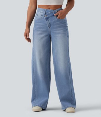 Jean baggy asymétrique Halara Flex™ taille haute effet délavé avec poches