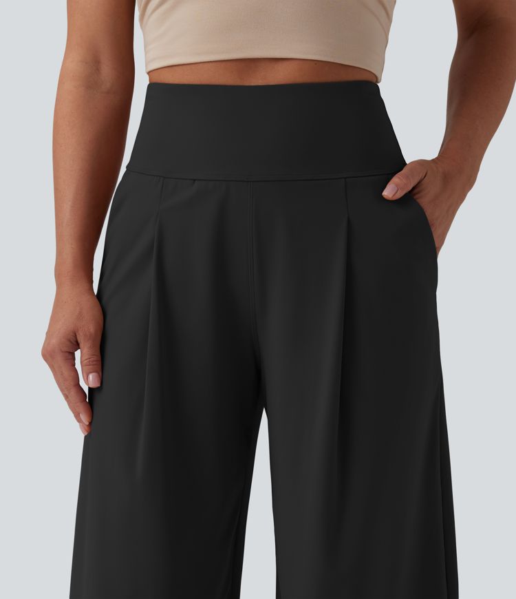 SoftlyZero™ Airy High Waisted Tummy Control Wide Leg Cool Touch Casual Trousers with Pockets-UPF50+