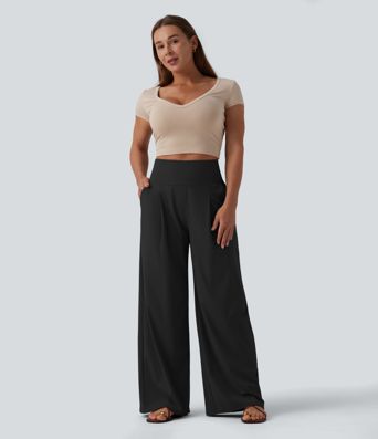 SoftlyZero™ Airy High Waisted Tummy Control Wide Leg Cool Touch Casual Trousers with Pockets-UPF50+