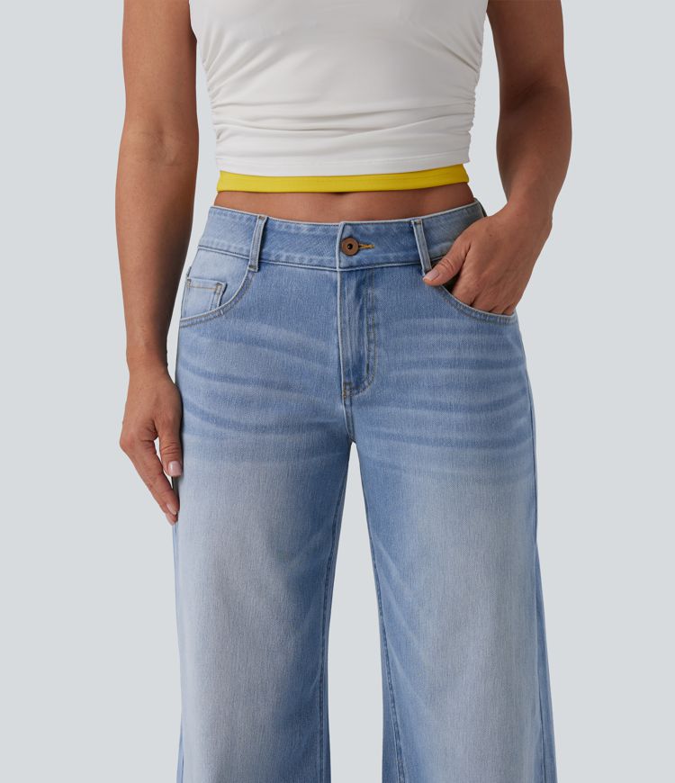 Halara Flex™ Low Rise Zipper Pockets Washed Baggy Wide Leg Women Casual Denim Jeans