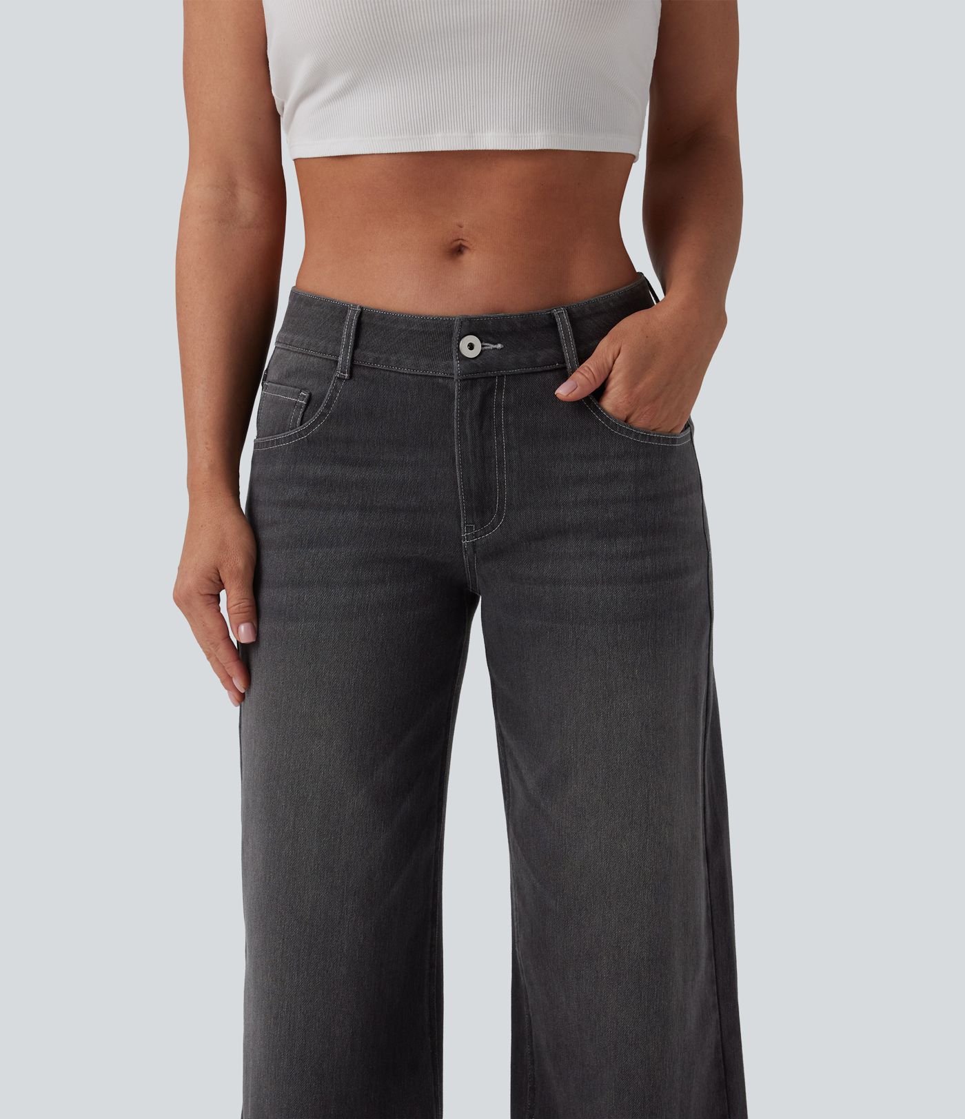 Halara Flex™ Low Rise Zipper Pockets Washed Baggy Wide Leg Women Casual Denim Jeans