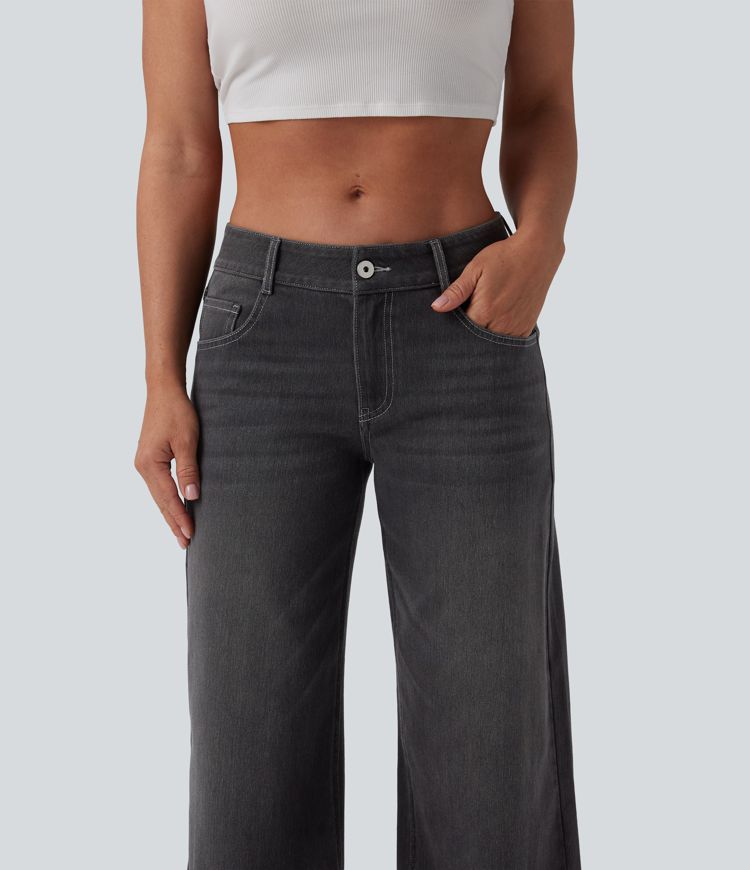 Halara Flex™ Low Rise Zipper Pockets Washed Baggy Wide Leg Women Casual Denim Jeans