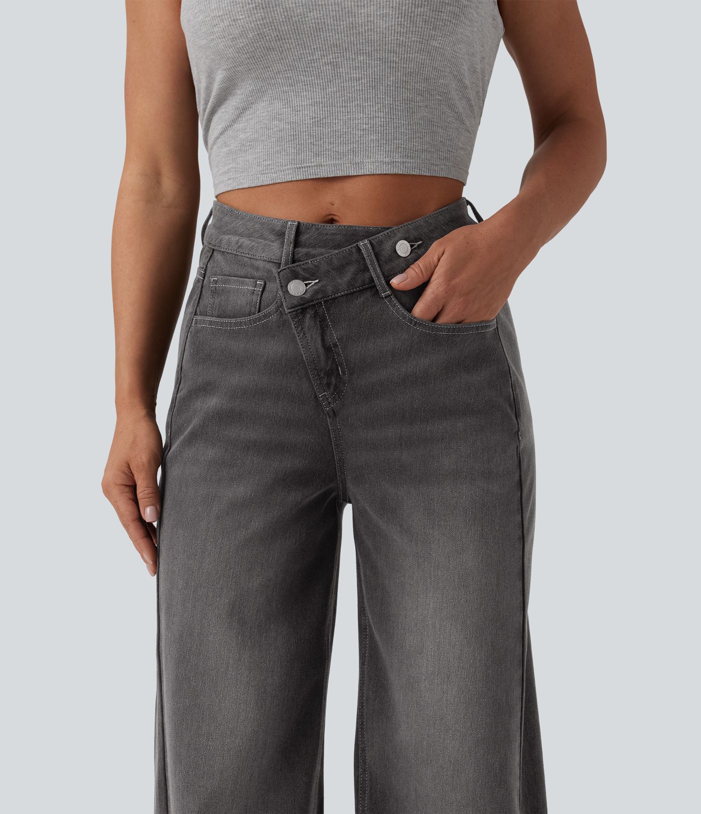 Jean baggy asymétrique Halara Flex™ taille haute effet délavé avec poches