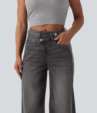 Jean baggy asymétrique Halara Flex™ taille haute effet délavé avec poches