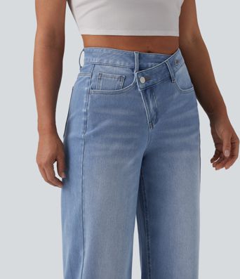 Jean baggy asymétrique Halara Flex™ taille haute effet délavé avec poches