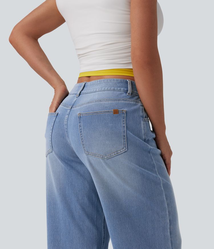 Halara Flex™ Low Rise Zipper Pockets Washed Baggy Wide Leg Women Casual Denim Jeans