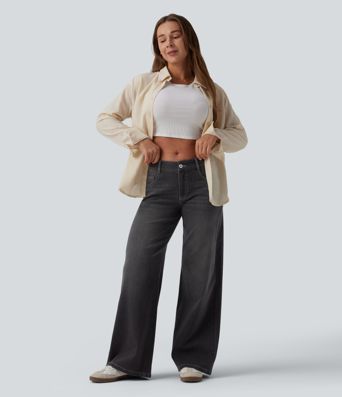 Halara Flex™ Low Rise Zipper Pockets Washed Baggy Wide Leg Women Casual Denim Jeans