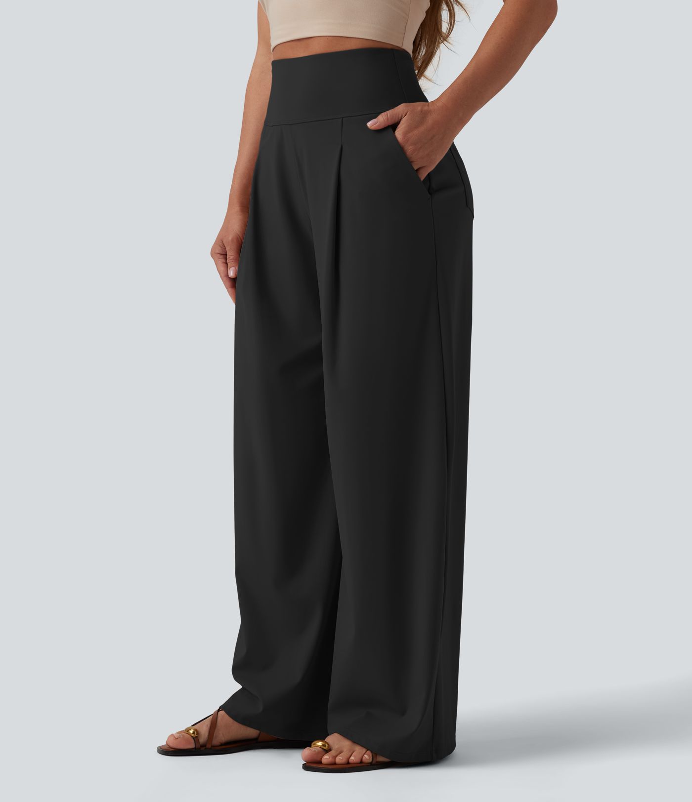 SoftlyZero™ Airy High Waisted Tummy Control Wide Leg Cool Touch Casual Trousers with Pockets-UPF50+