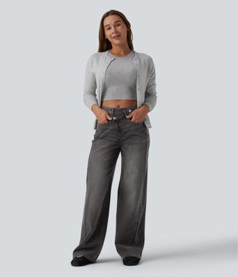 Jean baggy asymétrique Halara Flex™ taille haute effet délavé avec poches