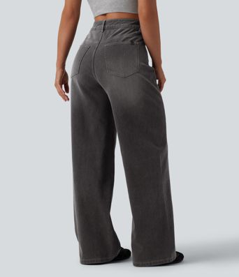 Jean baggy asymétrique Halara Flex™ taille haute effet délavé avec poches