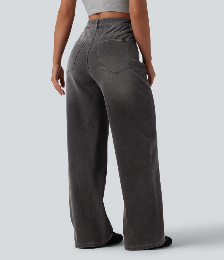 Jean baggy asymétrique Halara Flex™ taille haute effet délavé avec poches