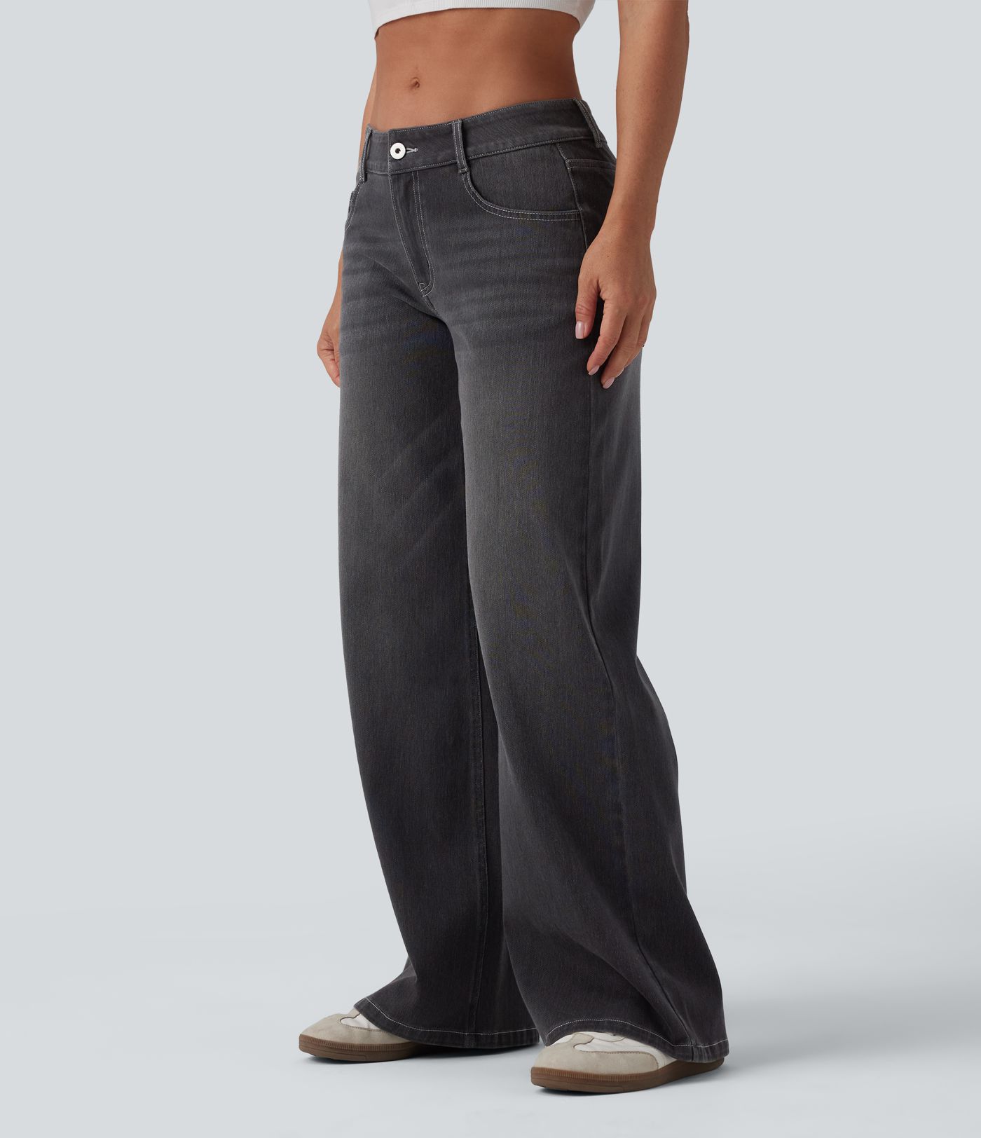 Halara Flex™ Low Rise Zipper Pockets Washed Baggy Wide Leg Women Casual Denim Jeans