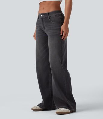 Halara Flex™ Low Rise Zipper Pockets Washed Baggy Wide Leg Women Casual Denim Jeans