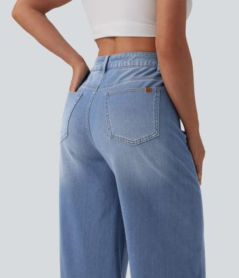 Jean baggy asymétrique Halara Flex™ taille haute effet délavé avec poches